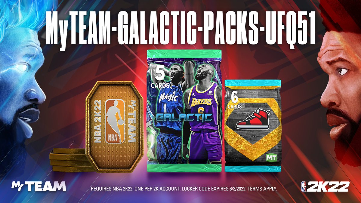 NBA2KMyTEAM's tweet photo. Locker Code 🚨 Use this code for a Galactic Pack, 5 Tokens or Diamond Shoe Pack.

Available for one week https://t.co/YQ7T9xu40K