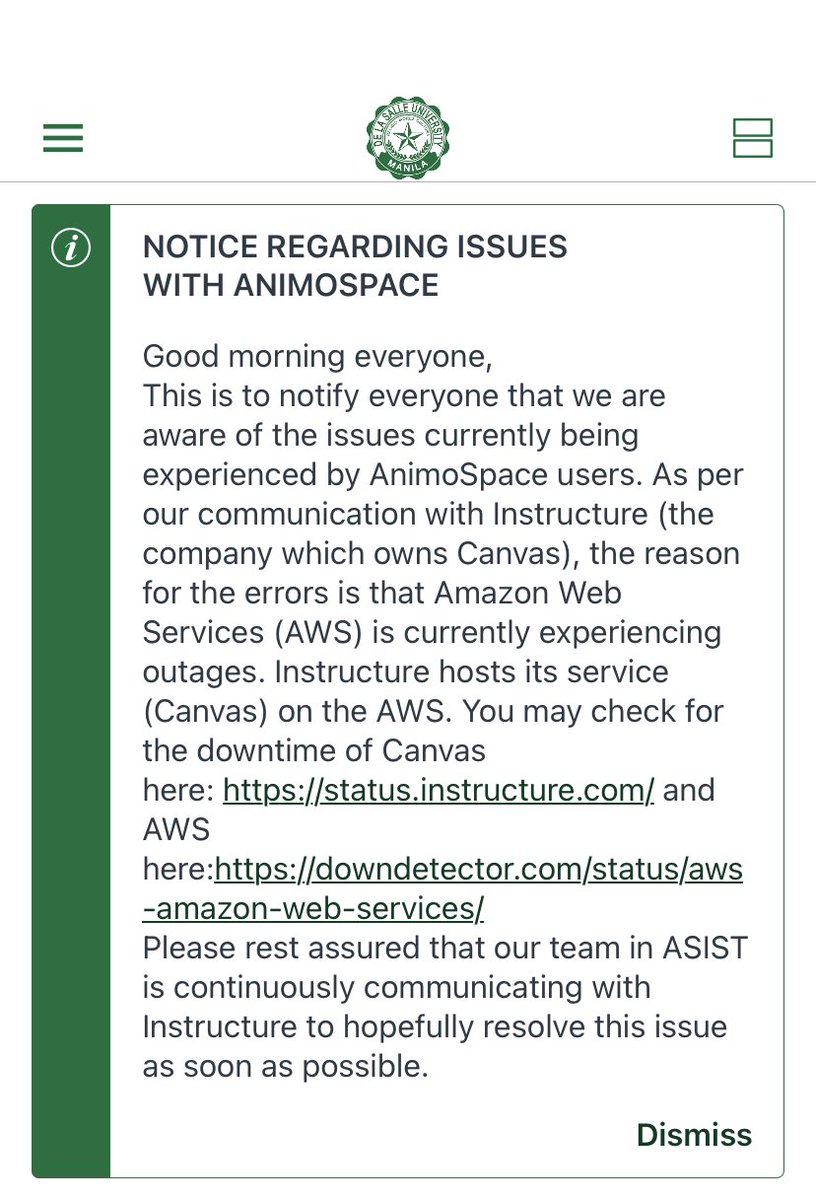 JUST IN: AnimoSpace is currently facing issues due to an Amazon Web Services (AWS) outage. Canvas, the platform AnimoSpace operates on, has integration with AWS. Downtime can be checked through https://t.co/0ayL8Q1hwk. https://t.co/U1CghzOTqO