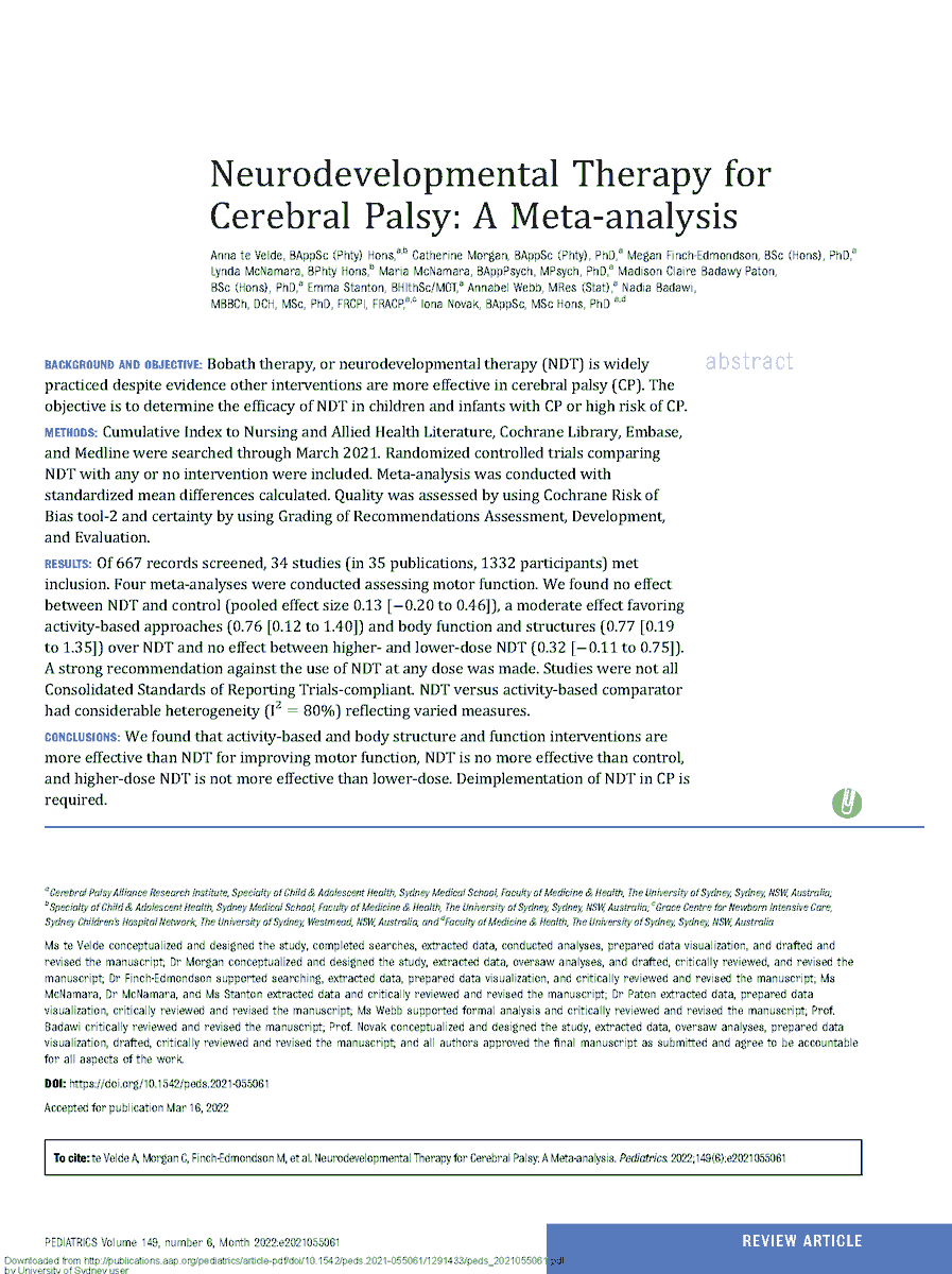 The conclusion could not be more clear "NDT is no more effective than control, and higher-dose NDT is not more effective than lower-dose. Deimplementation of NDT in CP is required”doi.org/10.1542/peds.2… #cerebralpalsy #occupationaltherapy #physiotherapy
