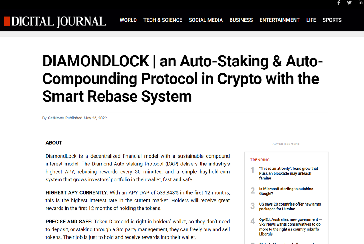 DiamondLockBSC's tweet image. Crypto news site Digital Journal has news about Diamond Lock📢📢 
Opportunities will come to those who know how to take them‼️‼️

✅Read the News here: digitaljournal.com/pr/diamondlock…

#DML #DiamondLock #BSC #Rebase #newgem #x1000gem  #TITANO #Blockchain #libero #Lockpay #APY #Trending