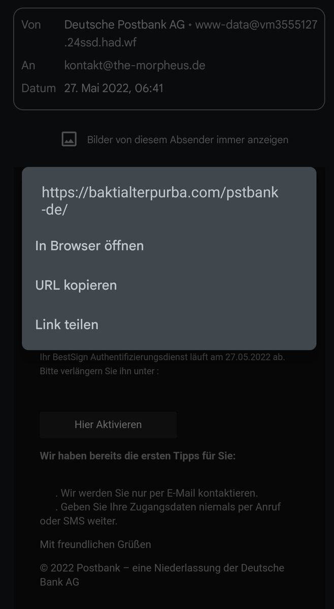 ⚠️ Heute Mal eine richtig gute Phishing-Mail für <a href="/postbank/">Postbank</a> Kunden bekommen. 
Überprüft immer! den Link und Absender genau, bevor ihr irgendwo drauf geht. Im Zweifel wählt die Website selbst an, solche Nachrichten findet ihr auch im Portal nach Login!