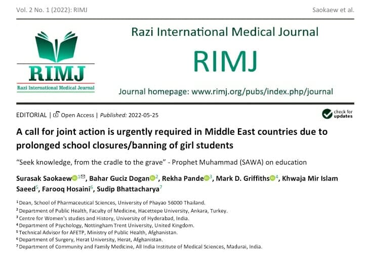 "A call for joint action is urgently required in Middle East countries due to prolonged school closure/banning of girls students", Discusses and asks to let girls educate to prevent impending future public health risks.

Read more: doi.org/10.56101/rimj.…

#LetAfghanGirlsLearn