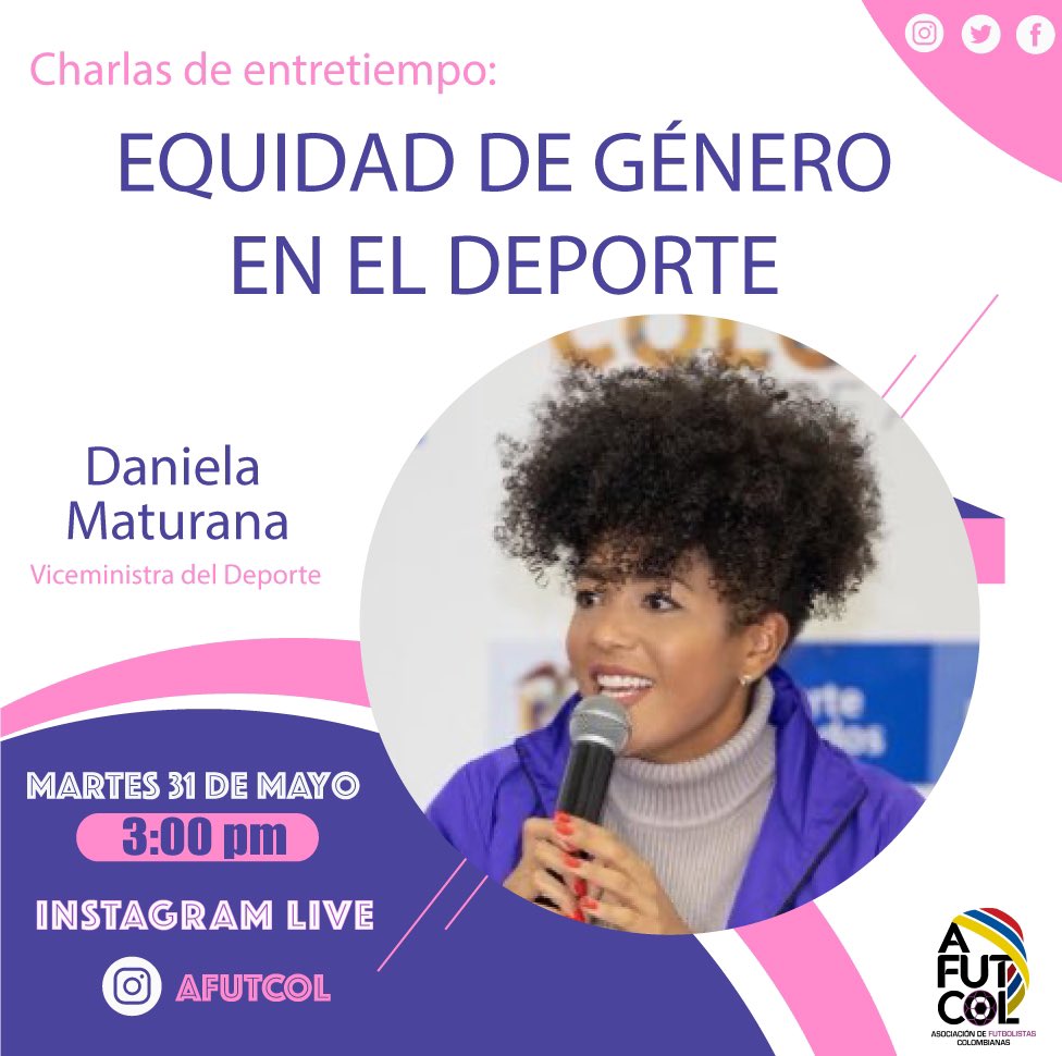 afutcol's tweet photo. El próximo martes tendremos una invitada súper especial @dany_matu Viceministra del Deporte, quien nos hablará del tema de equidad de género en el deporte. 

No te lo pierdas!!! 

Por nuestro Instagram Live @afutcol 

#futbolfemenino #educacionydeporte #equidaddegenero https://t.co/6paqnTDnjm