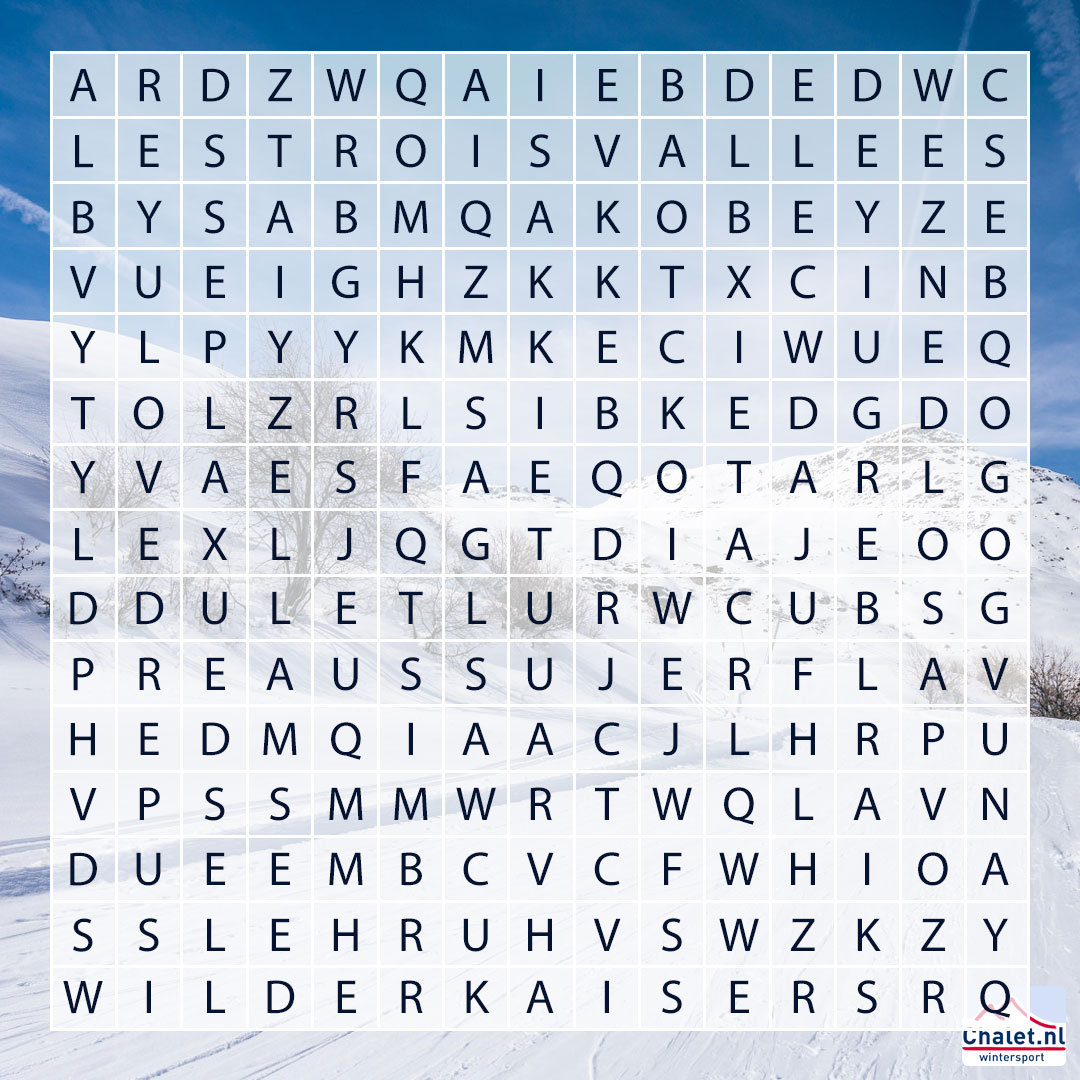 Welke skigebieden zitten er verstopt in deze woordzoeker? Tip: het zijn er 10 in totaal!