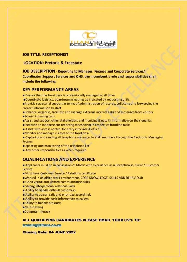 Nayi_iplug's tweet photo. 50 Receptionist needed in Pretoria &amp; Free State.
Must have Matric and experience as a receptionist.
Those who qualify please email your CV to training@titant.co.za 
Closing date 04 June 2022 at 12:00 https://t.co/7Za3mfB2Gj