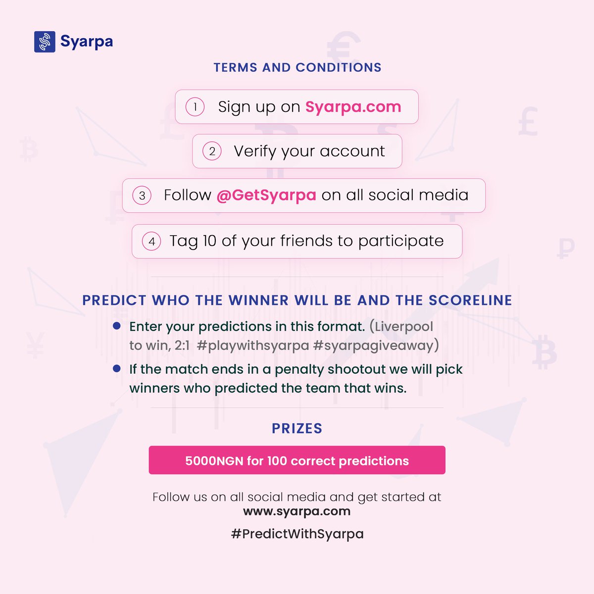 #Liverpool vs #RealMadrid this Saturday! ⚽⚽⚽

Predict the outcome of the UEFA final game and share a reward pool of 500,000NGN

See flier for instructions on how to participate

Get started on Syarpa.com
#ChampionsLeagueFinal  #PlayWithSyarpa #liverpoolrealmadrid