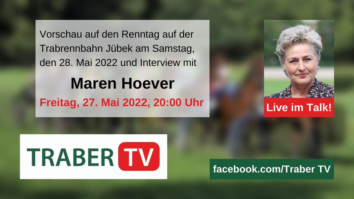 Am Sonntag wird in #Jübek die nordeutsche C-Bahn-Saison eröffnet. Vorab freuen wir uns bei <a href="/Traber_TV/">TraberTV</a> heute abend auf <a href="/HoeverMaren/">Maren Hoever</a> live im Gespräch - ab 20:00 Uhr.

facebook.com/TraberTV

#TraberTV #Jübek