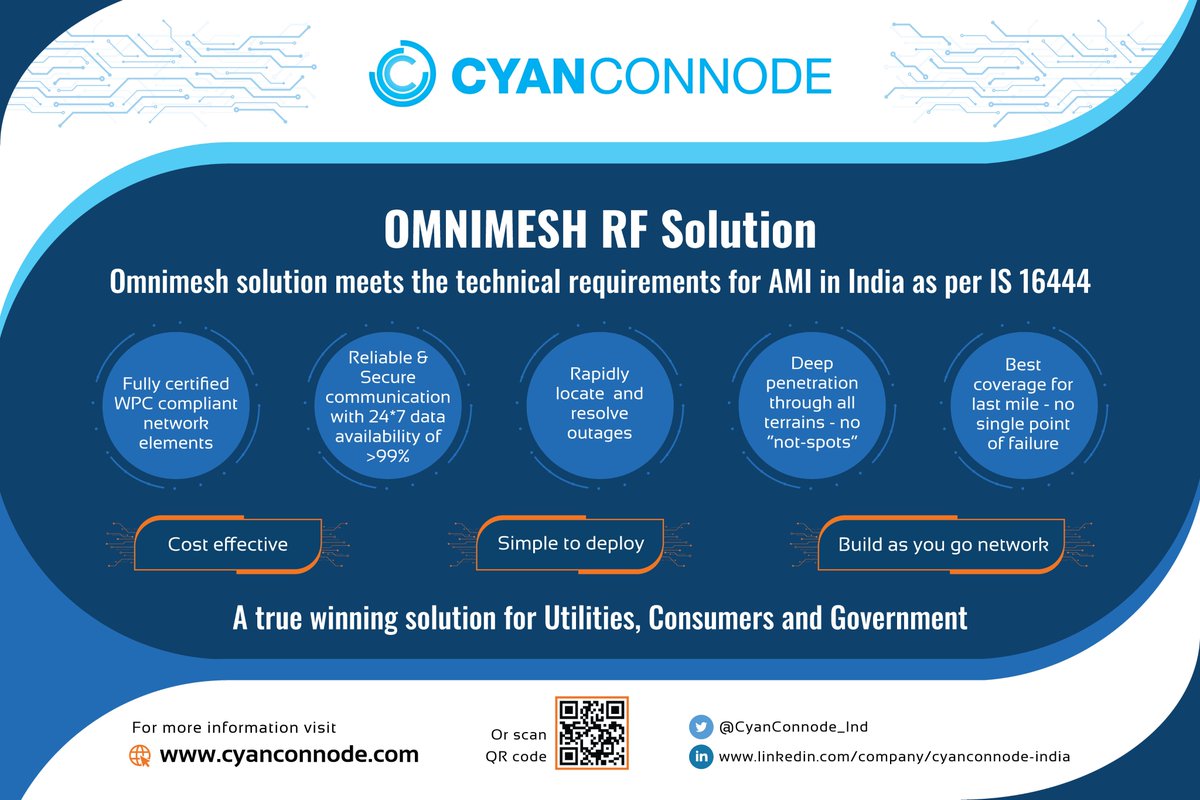 CyanConnode_Ind's tweet image. A true winning solution for utilities, consumers &amp;amp; Govt. Last day to experience @CyanConnode&apos;s award winning Omnimesh RF communication solution for Smart Meetring in Bengaluru. Visit us at booth D3 in #DistribuElec organised by @tweetieema  at @BIECentre.
@cron_john @HeatherP_CC