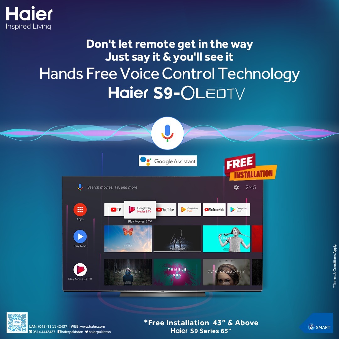 HaierPakistan's tweet photo. With Haier LED TV Hands-Free Voice Control Technology you don't need to control your TV with a remote anymore! Take control with your voice, be it switching the channels or lowering the volume.
Visit: https://t.co/bx7i7eirkE
#Haier #InspiredLiving #SmarLiving #HaierLED https://t.co/HCnCs8YUA7