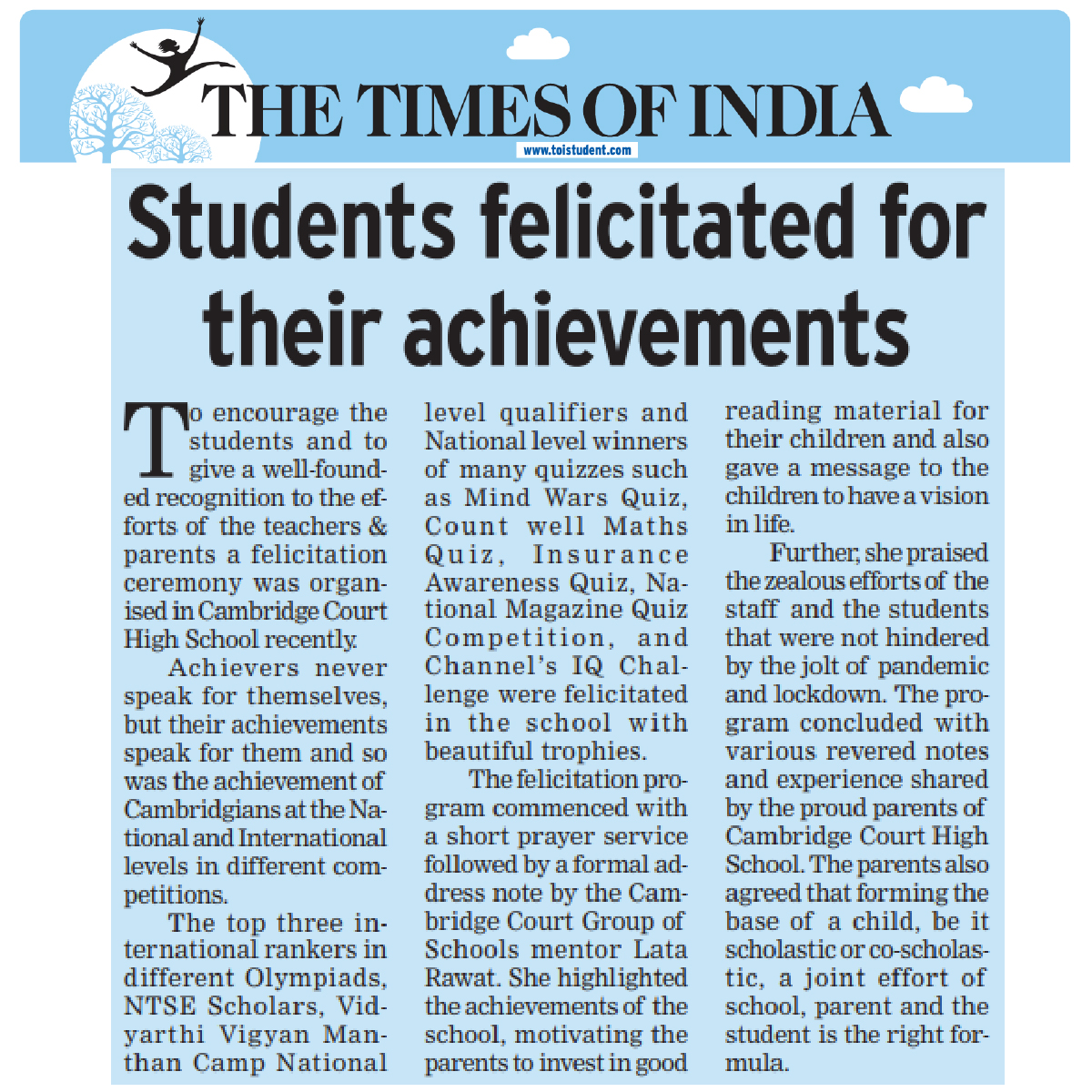 GroupCourt's tweet photo. MEDIA COVERAGE- STUDENTS FELICITATION AT CCHS
#toi #timesofindia #nie #media #mediacoverage #Education #learning #Teaching #headlines #todaysnews #newsreporter #updatenews #newstoday #newsoftheday #newsupdate #latestnews #dailynews #breakingnews #admissionsopen #admission https://t.co/BleLC5Bo2D