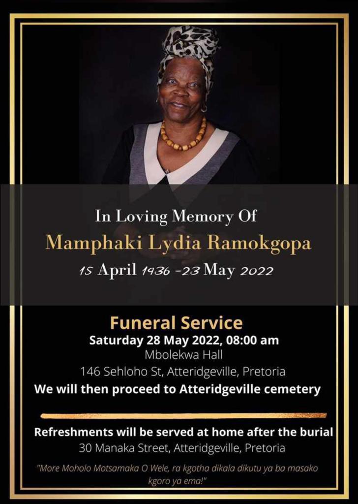 Kgosientsho_R's tweet photo. Good morning. Funeral Service details for our beloved mother are as follows: https://t.co/bc6jPVY8JX
