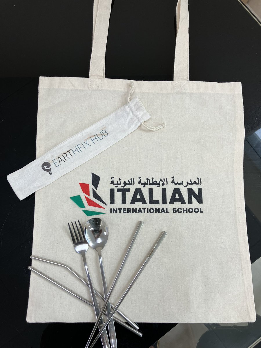 The Italian International School has partnered with EarthHub Fix and made canvas shopping bags and stainless steel utensils for all of our new registrations just in time for Abu Dhabi's new law banning single use plastics!  Way to go IIS in helping to promote a sustainable world!