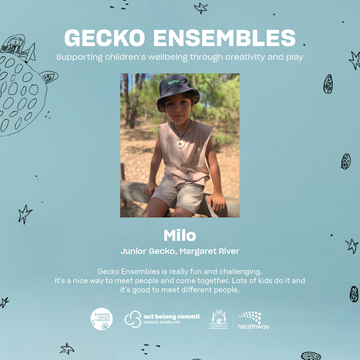 Junior Gecko Milo shares his thoughts on Gecko Ensembles.
Our partners <a href="/HealthwayWA/">Healthway</a> @ActBelongCommit share our vision to enrich children’s lives &amp; support their wellbeing through Creativity &amp; Play.
Enrol bit.ly/3rHCfAk 
#HealthwayWA #ActBelongCommit #creatingahealthierwa