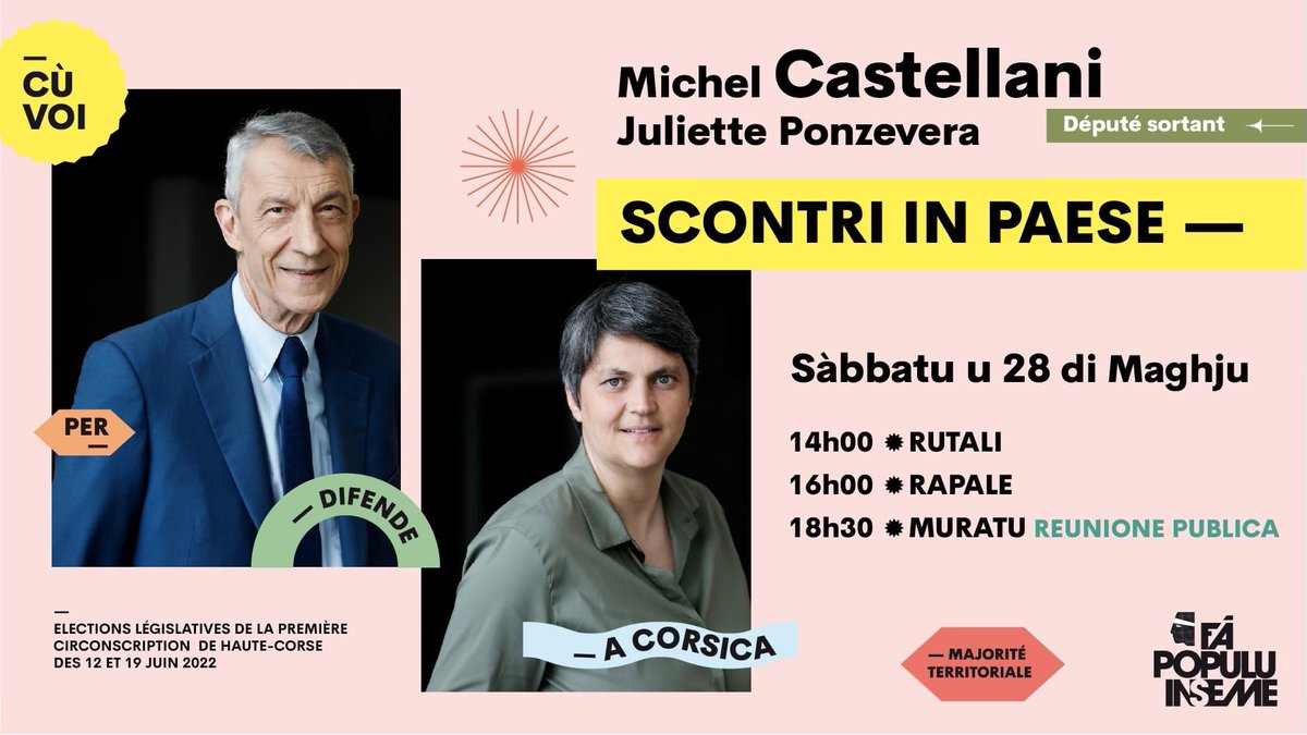 Cuntinueghja u nostru giru di u circondu.
Nous serons demain à Rutali, Rapale et Muratu afin de présenter notre programme.
À truvacci per sti paesi !
#FaPopuluInseme