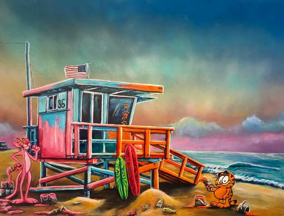 KarinBrauns's tweet photo. "Manhattan Beach Paint Battle" 

48" × 36"
#manhattanbeach #art #artist #artsale #gallery #beach #popart #pinkpanther #socal #garfield #cartoons #socal #pink #lifeguardtower #wind #ocean #moments #losangeles #karinbraunsgallery #karinbrauns #artistoninstagram #artcollective https://t.co/gCQfjRF7QT