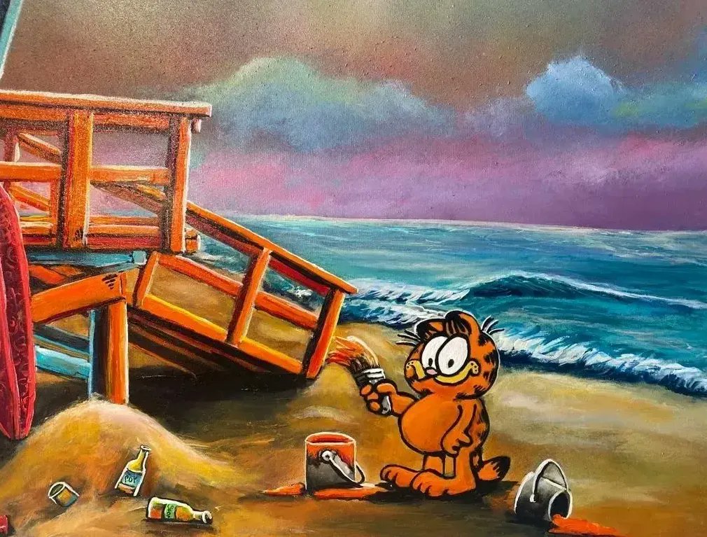KarinBrauns's tweet photo. "Manhattan Beach Paint Battle" 

48" × 36"
#manhattanbeach #art #artist #artsale #gallery #beach #popart #pinkpanther #socal #garfield #cartoons #socal #pink #lifeguardtower #wind #ocean #moments #losangeles #karinbraunsgallery #karinbrauns #artistoninstagram #artcollective https://t.co/gCQfjRF7QT