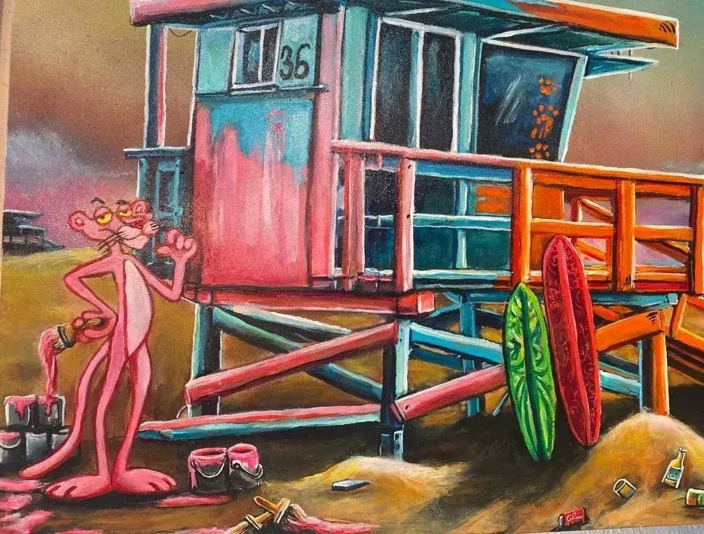 KarinBrauns's tweet photo. "Manhattan Beach Paint Battle" 

48" × 36"
#manhattanbeach #art #artist #artsale #gallery #beach #popart #pinkpanther #socal #garfield #cartoons #socal #pink #lifeguardtower #wind #ocean #moments #losangeles #karinbraunsgallery #karinbrauns #artistoninstagram #artcollective https://t.co/gCQfjRF7QT