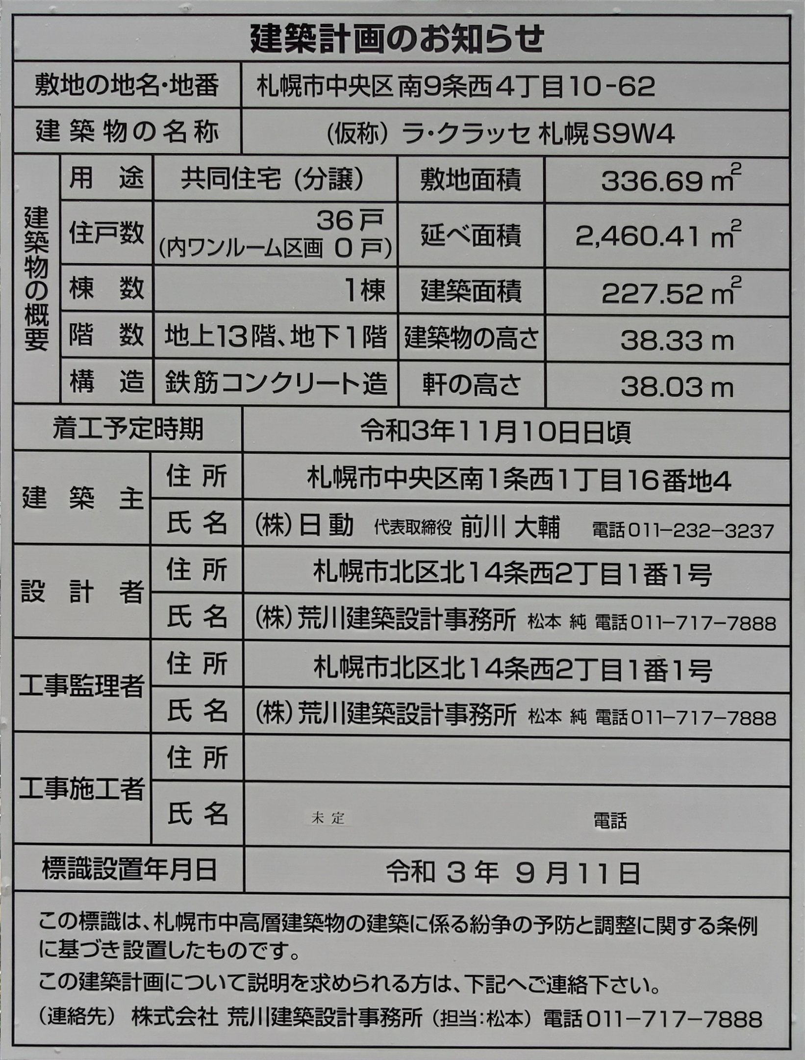 O Xrhsths チャンネルくっくるっくtv Sto Twitter 札幌市中央区南９条西４丁目 仮称 ラ クラッセ札幌s9w4 用途 共同住宅 棟数 １棟 階数 地上１３階 地下１階 延べ面積 2460 41 高さ 38 33ｍ 軒高 38 03ｍ 着工予定時期 令和3年11月10日頃 札幌再開発 札幌