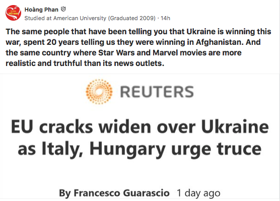 rdsathene's tweet photo. The only individuals still buying farce that the Ukrainian Banderite Nazis are winning the conflict they started are #KHive and a few bitter vOuOsH adjacent #RadLibs / #Demsocs.
#denazification #abolishNATO #ZelenskyyWarCriminal #DenazifyUkraine https://t.co/iMkhVvCaZe