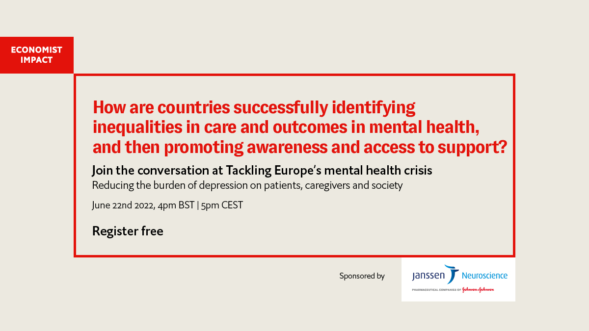 EconomistEvents's tweet photo. Join the conversation at “Tackling Europe’s mental health crisis”, a virtual event sponsored by Janssen. 
Register free: https://t.co/cw5T46qETs https://t.co/0bu1tVxAo0