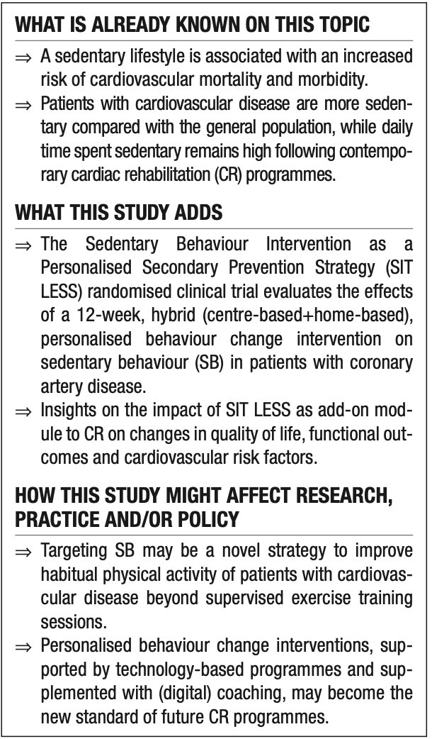 BMJ Open Sport & Exercise Medicine (@bmjopensem) on Twitter photo 🚨#NEW #Protocol
Reducing #sedentary behaviour in patients with #coronary artery disease : the SIT LESS #randomised clinical trial
by <a href="/BvBakel/">Bram van Bakel</a>, <a href="/DeMarijndebruin/">Marijn de Bruin</a>, et al. from 🇳🇱
👉🏼 bit.ly/3Gm3LcK
#UnderTheSpotlight
#WeAreBOSEM 🚨#NEW #Protocol
Reducing #sedentary behaviour in patients with #coronary artery disease : the SIT LESS #randomised clinical trial
by <a href="/BvBakel/">Bram van Bakel</a>, <a href="/DeMarijndebruin/">Marijn de Bruin</a>, et al. from 🇳🇱
👉🏼 bit.ly/3Gm3LcK
#UnderTheSpotlight
#WeAreBOSEM