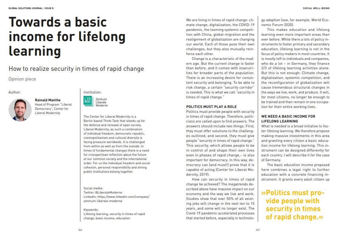 glob_solutions's tweet photo. How can security be maintained in times of rapid change? @rmanthe1 @LiberaleModerne outlines that a basic income for lifelong learning is needed for further #education and development opportunities for citizens. Read more in the new #GSJournal: https://t.co/zlOo34bKEQ https://t.co/byAINL9qqn