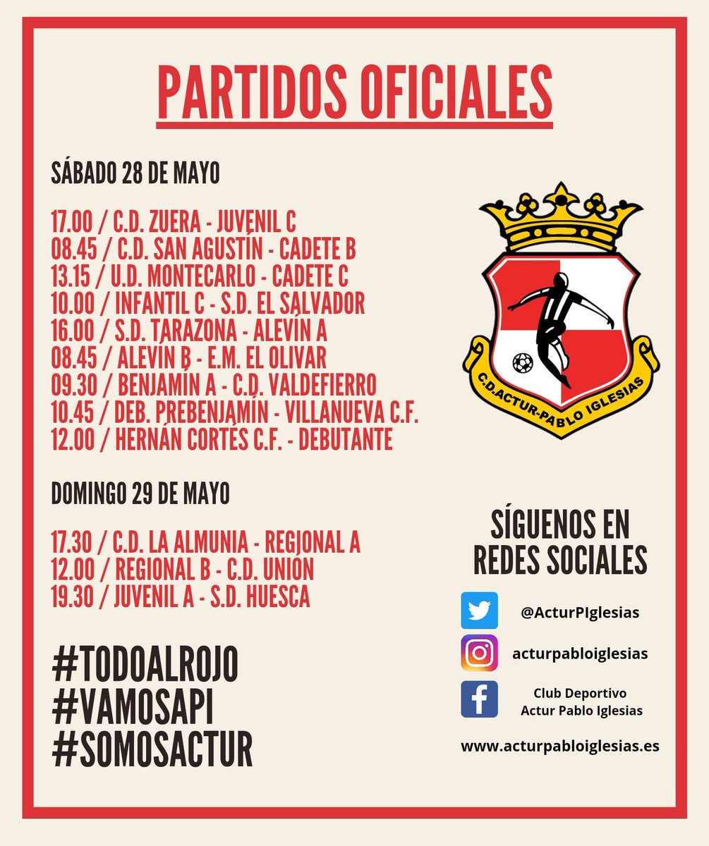 ActurPIglesias's tweet photo. ⚽ HORARIOS | 28 y 29 de mayo
#TodoAlRojo 🔴⚪
#VamosAPI 🔴⚪
#SomosActur https://t.co/uHxWSFJxB1