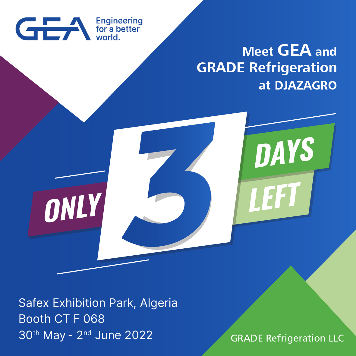 gea_grade's tweet photo. Only 3 more days left until the Djazagro tradeshow in Safex Exhibition Park, Algeria!

We welcome you all to visit us at our stand CT F068 between May 30th - June 2nd 2022.
We are excited to showcase our innovative solutions for your industrial refrigeration project requirements! https://t.co/VQMgIzx2MQ