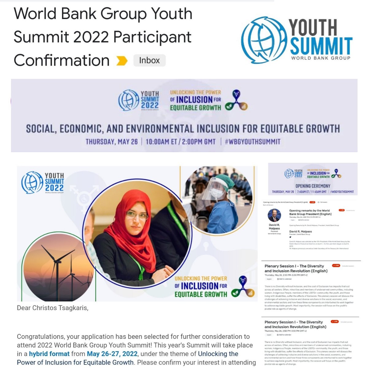 Glad to have been selected to attend the 2022 @WorldBank Group Youth Summit!

The theme for the 2022 Summit is 'Unlocking the Power of #inclusion for Equitable #Growth'.

A learning experience and a day well spent 🌍 #DHPSP #saclation @ScienceCommuni2 #WBGYouthSummit #wbg