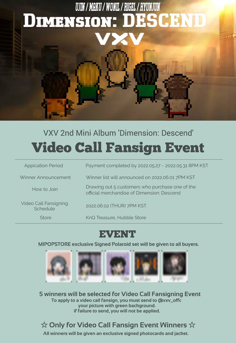 vxv_offc's tweet photo. VXV 2nd Mini Album [DIMENSION: DESCEND] 
🖤Video Call Fansigning Event 🖤

✔Every purchase of any merchandise is equivalent to 1 raffle ticket

🎁Signed Polaroid Set for all buyerd
🎁Video call chance (5 people)
🎁Signed Exclusive Photocard

🗓2022.05.27~2022.05.31 https://t.co/79r2GrTonp