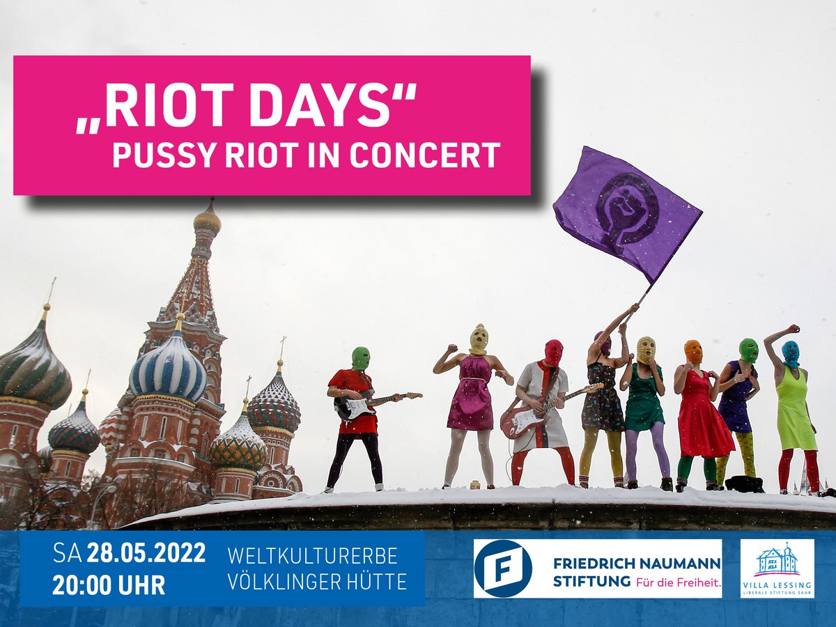 Das Punk-Kollektiv PussyRiot spielt live: 📆 Samstag, 28. Mai, 20 Uhr live 🎶 im #Weltkulturerbe Völklinger Hütte - Gebläsehalle 🎫 Tickets gibt’s online unter: bit.ly/39Kjwy6 @VillaLessing // @FNFreiheit
