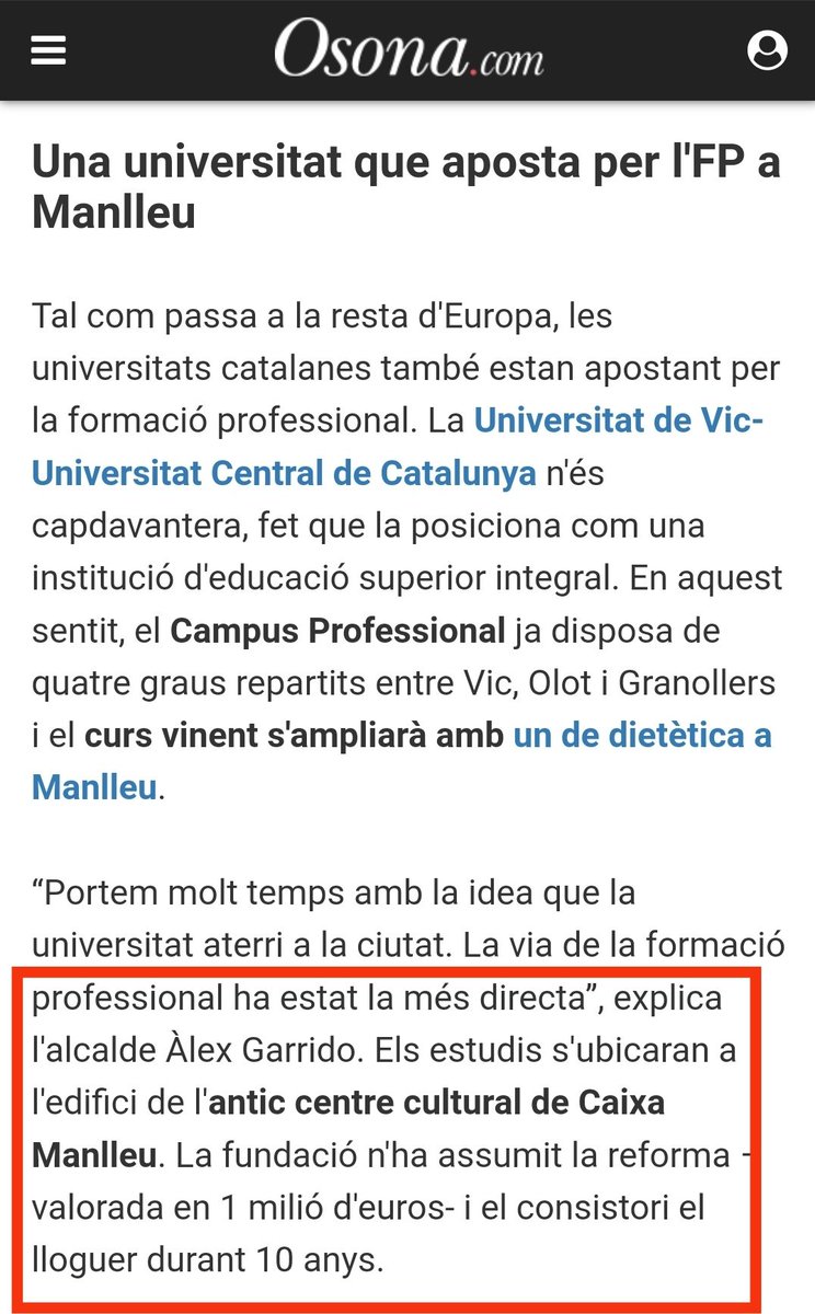 Els manlleuencs i manlleuenques pagarem 120.000 €/any durant 10 anys (+1 milió d'€) perquè una Universitat privada instal·li el seu xiringuito de formació. What a business, eh!!! 
Se m'acudeixen moltes coses x fer amb aquests diners per garantir l'equitat educativa. #Manlleu