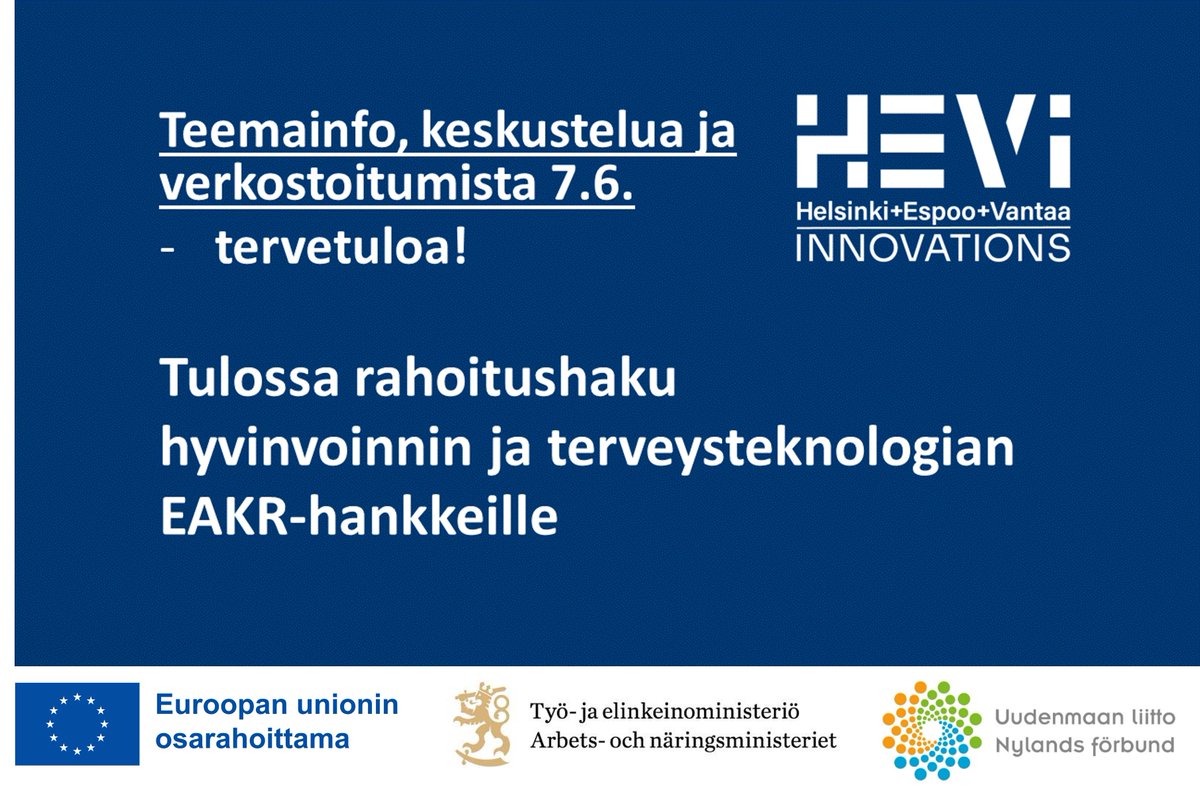 Tervetuloa tapaamaan kaupunkikehittäjiä, jotka valmistelevat uusia hankkeita hyvinvoinnin ja terveysteknologian aloille! 🌻 Kerromme tilaisuudessa rahoitusmahdollisuuksista.
hevinnovations.fi/arkistot/teema…
#innokaupungit #eakr #uudistuvajaosaavasuomi #HEVinnovations
