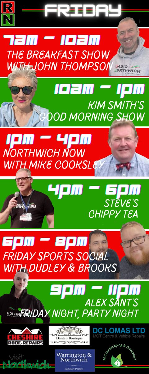 16 hours of live presented shows today on <a href="/RadioNorthwich/">Radio Northwich</a>  listen on your Alexa’s or by typing radionorthwich.co.uk in your smart devices 
Txt the studio on 07592 574352 for requests and mentions <a href="/KimSmith1959/">Kim Smith</a> <a href="/mikecooksley/">mike cooksley</a> <a href="/jdudley1501/">Jason Dudley 🇺🇦🇹🇴</a> <a href="/karlbrooksphoto/">Karl Brooks Photography</a> <a href="/TransplantSte/">Steven Harrison</a>