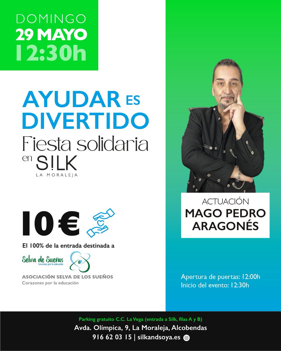 cipriquintas's tweet photo. 📢 Este DOMINGO 29 de mayo a las 12:30h celebramos #AyudarEsDivertido en @silkandsoya . 🎉 Contaremos con la magia de Pedro Aragonés. El 💯 de la entrada irá a @SelvadeSuenos para ayudar a través de la educación al desarrollo de la selva de Perú. 👉🏼 https://t.co/XAM1HwqNNM https://t.co/aDESxdr6p0