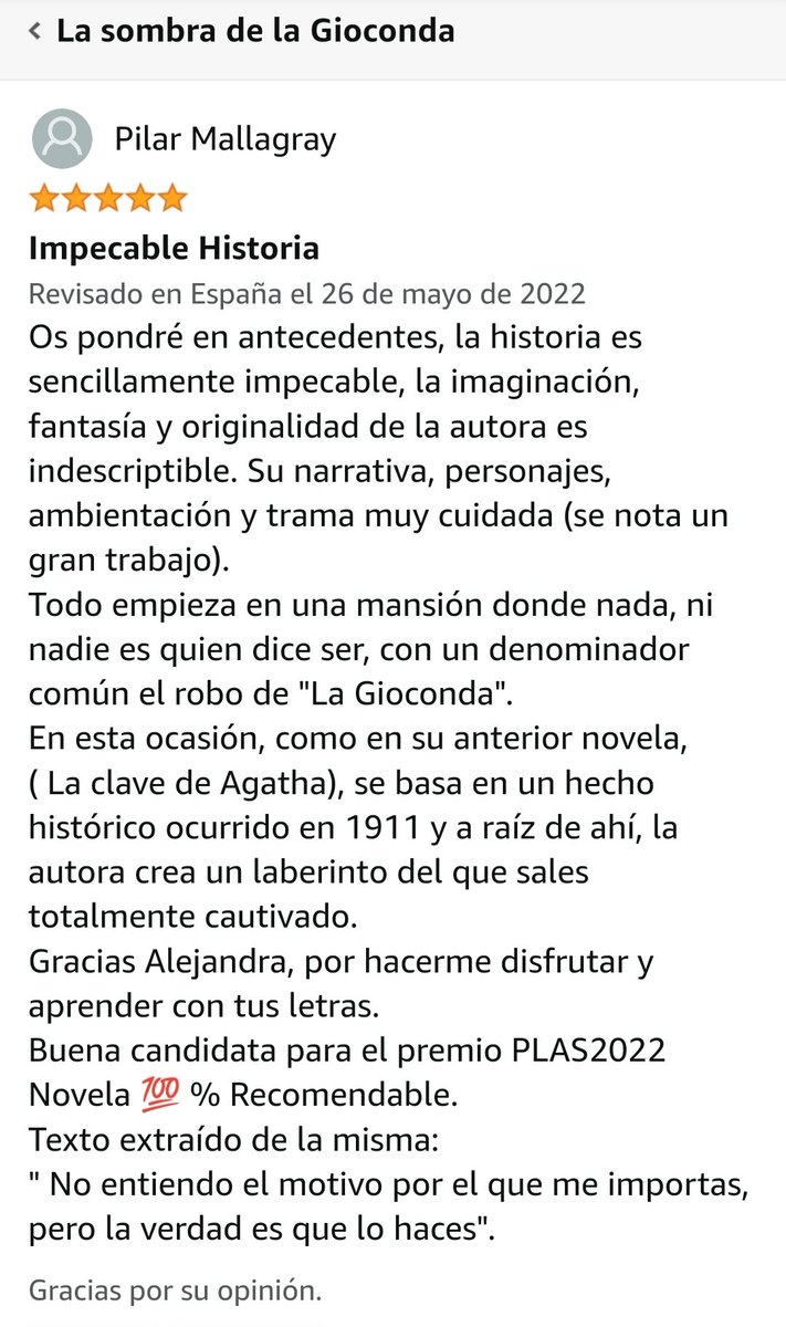 PMallagray's tweet photo. #RecomiendoLeer 📖
#LaSombraDeLaGioconda de 
#AlejandraDeSanCristobal #AutoraIndependiente se presenta al #PremioAmazon2022 #PLAS2022
#Maravillosa #Original #Impecable
#MagnificaLectura 
Novela 💯 % Recomendable 📖
Aquí os dejó mi reseña u opinión. https://t.co/AKg0lJPz2A