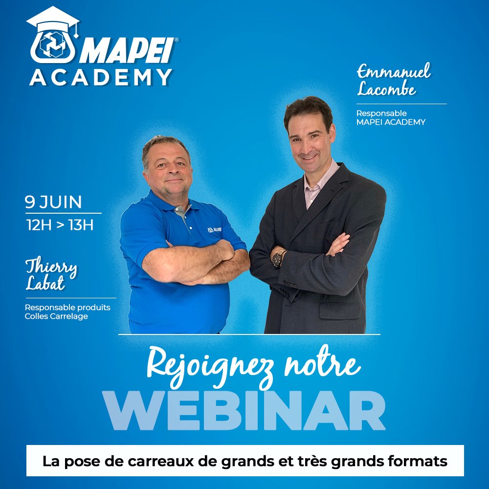 [#MAPEIACADEMY]
📢 Inscrivez-vous pour le prochain Webinar MAPEI ACADEMY qui se déroulera le jeudi 9 juin de 12h à 13h sur la réalisation d'un chantier de pose de carreaux de grands et de très grands formats.
📝bit.ly/webinar-grands… 
#mapeiacademy #webinar #grandformat