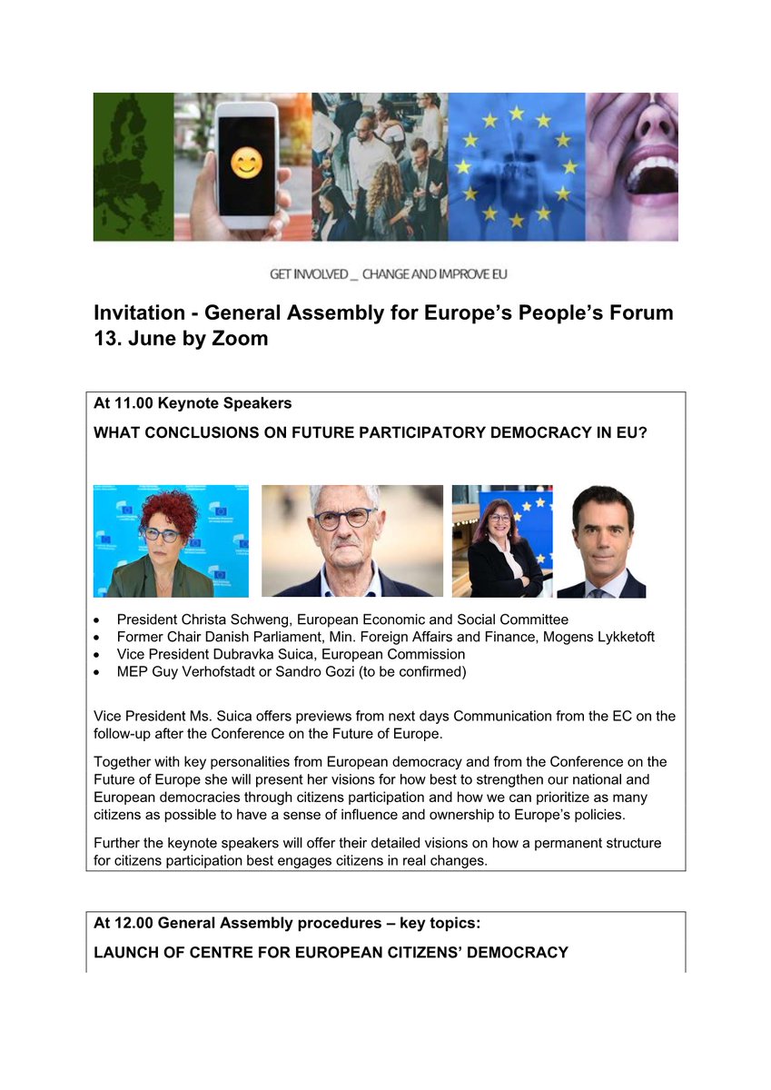 <a href="/EUsPeoplesForum/">EU's People's Forum</a> invites you to an exciting presentation of visions for future participatory democracy #CoFoE ahead of General Assembly 13 June, at 11.00. <a href="/EESC_President/">Séamus Boland</a> <a href="/dubravkasuica/">Dubravka Šuica</a> <a href="/lykketoft/">Mogens Lykketoft</a> <a href="/guyverhofstadt/">Guy Verhofstadt</a> (tbc) <a href="/sandrogozi/">Sandro Gozi</a> (tbc) See facebook.com/Europespeoples… Bent Noerby B.