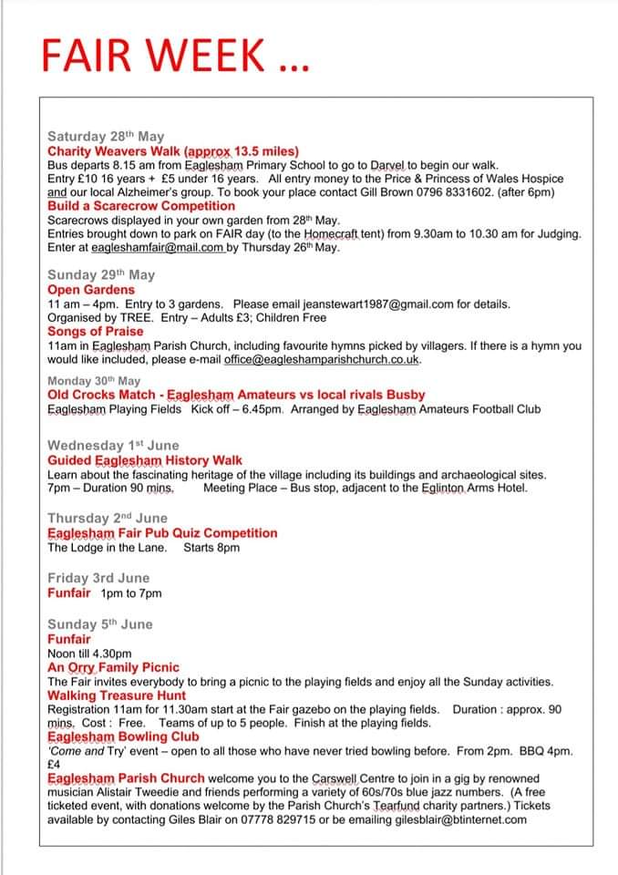 Just over a week to go The Fair on Saturday 4th June 🥳🥳
We are very busy over at Eaglesham Fair HQ getting all the final arrangements in place.
Keep an 👁 on our page Eaglesham Fair  for daily updates!!!
Have a look below for what is planned for this week 👇