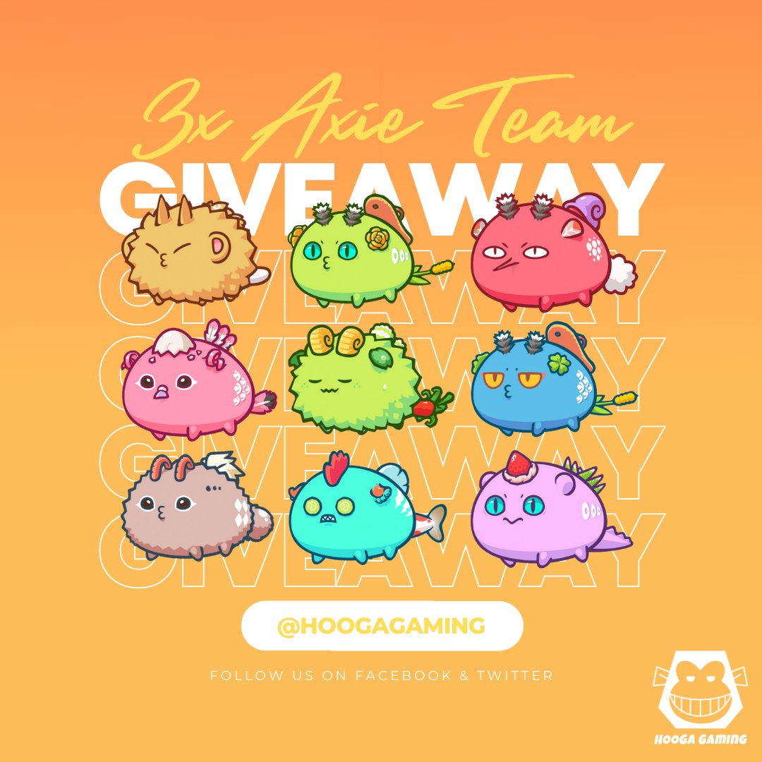 HoogaGaming's tweet photo. 🎊 AXIE TEAM SCHOLARSHIP GIVEAWAY! 🎊

We are giving away three Axie teams to THREE lucky winners!

To enter:
✅ Follow @HoogaGaming
✅ RT this tweet

⏳Ends in 24 hours https://t.co/3yNMyusHHc