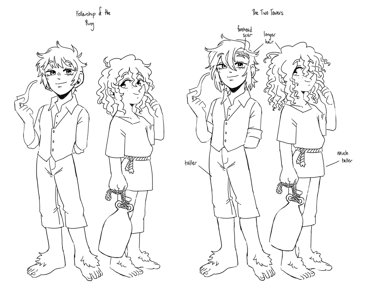 wanted to compare merry and pippin's designs from fotr and ttt; they're both a bit taller and longer hair from drinking ent water, and merry's got a forehead scar from being attacked by orcs. i'll do this with sam and frodo as soon as i finish the book :) 