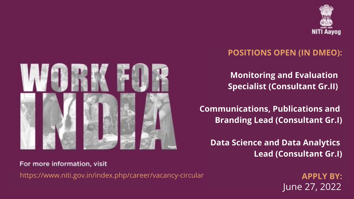 NITIAayog's tweet photo. 🚨#NITIAayog's @_DMEO is hiring!🙌
We are inviting the brightest minds to join our team and help us innovate, transform and contribute towards building a #NewIndia.
Here is your opportunity to #WorkForIndia! 🇮🇳
Visit: https://t.co/nt5RhAFFhU https://t.co/yc38Encrf1