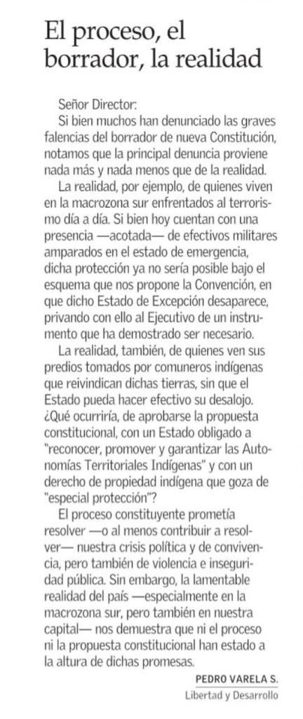 pedrovarela95's tweet photo. Comparto la carta que me publicaron hoy en @ElMercurio_cl: “el proceso, el borrador y la realidad”. https://t.co/nPjd1s1pD0