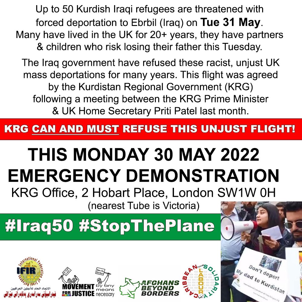 HeretoStayUK's tweet photo. This flight has been sanctioned by @Kurdistan KRG after years of Iraqi govt refusing these unjust mass deportations. Join us &amp; @CLSUK1974 @afghansbeyond &amp; international federation Iraqi refugees at KRG head office 4 Emergency demo on Monday at 4pm (14/15) #Iraq50 #StopThePlane https://t.co/sJaa01Btz4