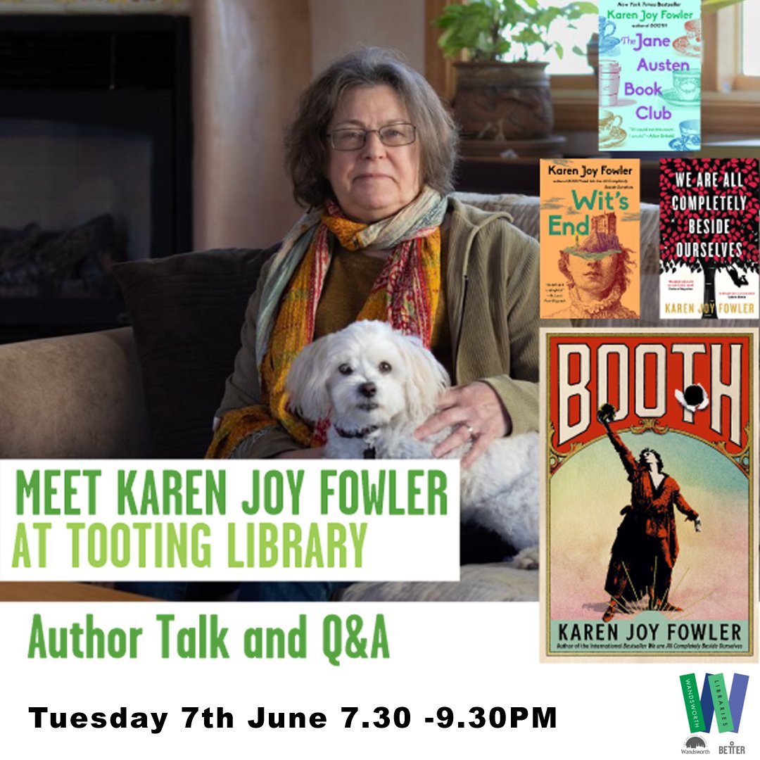 New York Times Bestselling author Karen Joy Fowler will  be at Tooting Library discussing her new book Booth on the 7th June!
This event is FREE!
To book a place: Speak to a member of staff, E: tooting.library@gll.org or T: 020 8767 0543
#karenjoyfowler #booth #booktalk