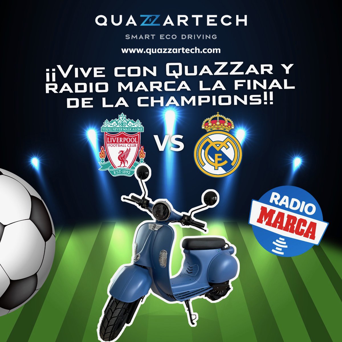 QuazzarEspaa's tweet photo. quazzartech
‼️No queda nada para la gran final de la Champions‼️Vívela con @RadioMARCA y QuaZZarTech.@QuazzarEspaa

#UCLFinal #champions #quazzartech #movilidadelectrica #movilidadsostenible #movilidadurbana #scooter #vehiculoselectricos #ceroemisiones #LasVocesDelDeporte https://t.co/i1yByFJzU1