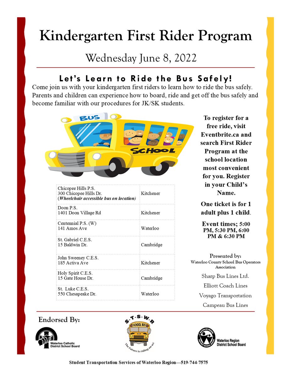Calling all JK/SK students starting in September! Are you taking the bus? If you are, please join us for our First Rider Program! Wednesday, June 8. Times and Locations in the poster. Registration information can be found here; stswr.ca/blog/2022/05/2… <a href="/wrdsb/">Waterloo Region DSB</a> <a href="/WCDSBNewswire/">WCDSB</a>