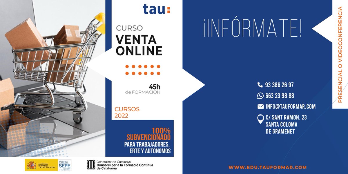 Nuevos #CursosSubvencionados en #junio para #trabajadores #ERTE y #autónomos
📣 #CURSO DE #VENTAONLINE 
edu.tauformar.com/cursos/comerci…

Llámanos al: 
📞 93 386 26 97
Escríbenos por WhatsApp o Telegram: 
📱 663 23 98 88
Envíanos un email: 
📤 info@tauformar.com
