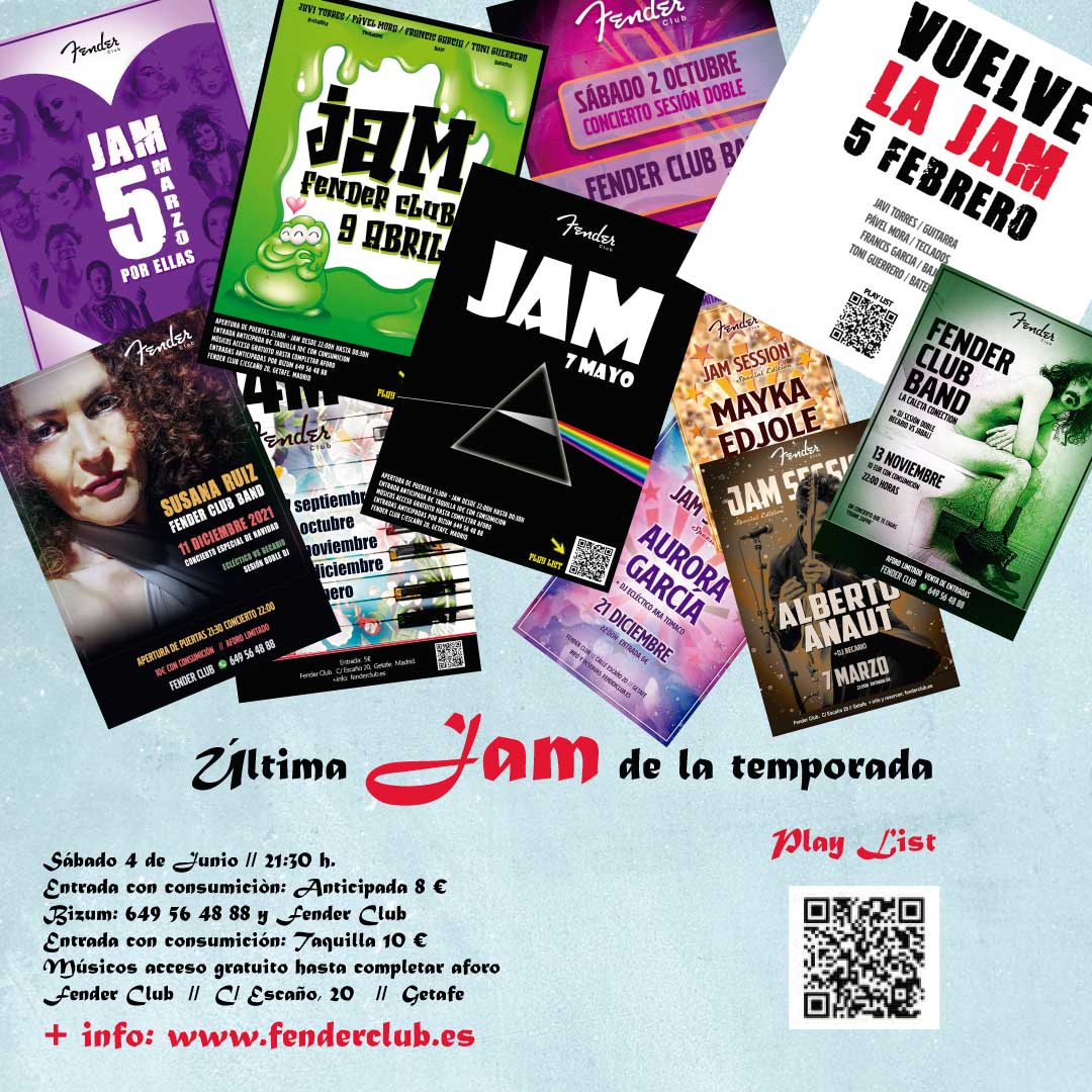 LA JAM DEL FENDER. 
Sábado 4 junio // 21:30 h.
Entrada anticipa: 8 € (con consumición). Bizum: 649 56 48 88 y Fender Club
Taquilla 10 € (con consumición).
Músicos acceso gratuito hasta completar aforo.
Fender Club  // C/ Escaño, 20  //  Getafe
+ info fenderclub.es