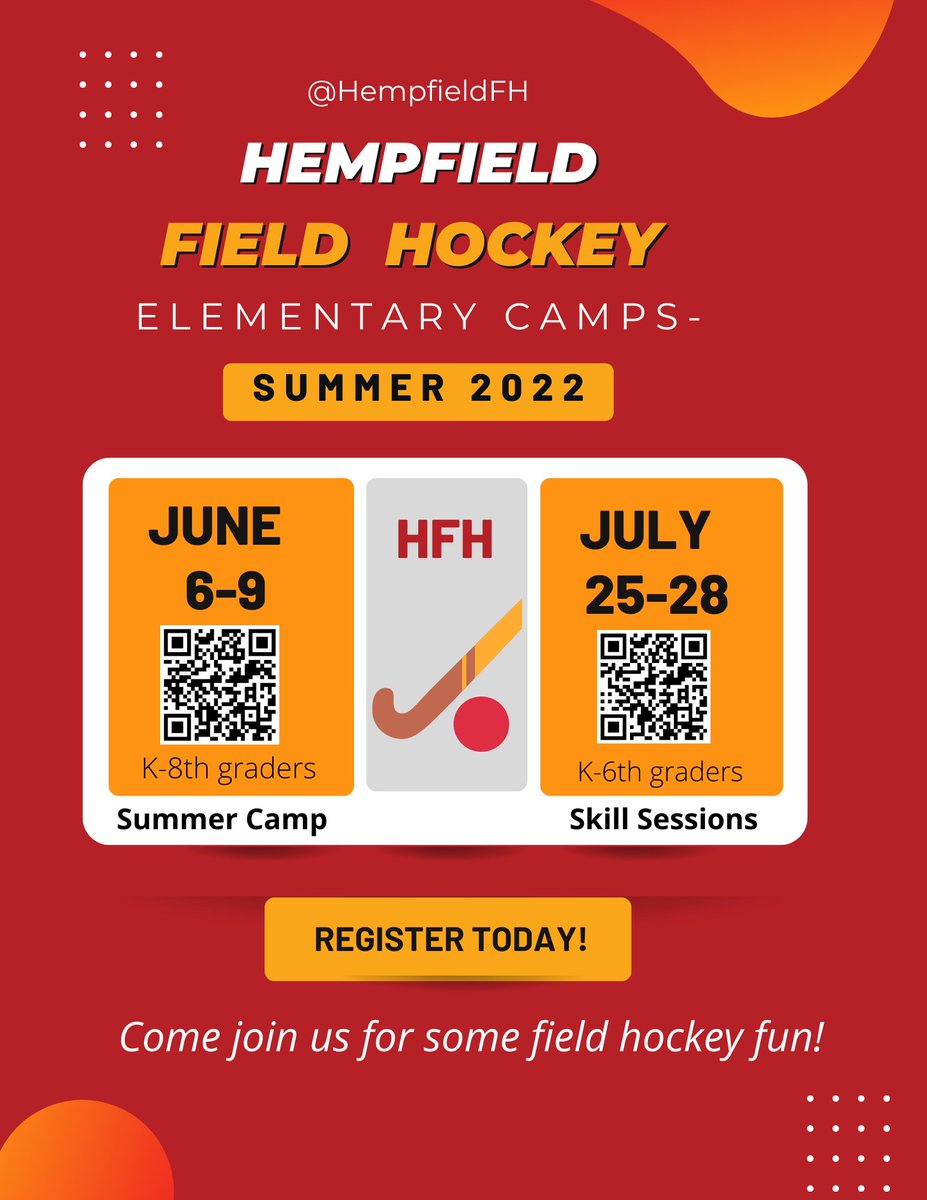 June Camp is coming fast!! Sign up today! 
**Sign up by May 29 to guarantee a HFH T-shirt! <a href="/hempfield/">Hempfield SD</a> 

Registration:
JUNE 2022
FH Camp (K-8 )
June 6-9: tinyurl.com/yckun5tr
————————
JULY 2022 
Skill Sessions (K-6)
- July 25-28: tinyurl.com/yckpey73